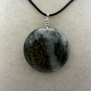 Ocean Jasper and Quartz Pendant Necklace on Leather Rope